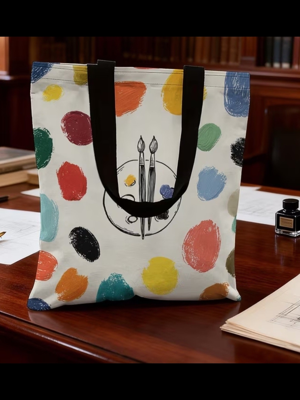 Colorful Artist Paint Dot  Tote - Black Straps